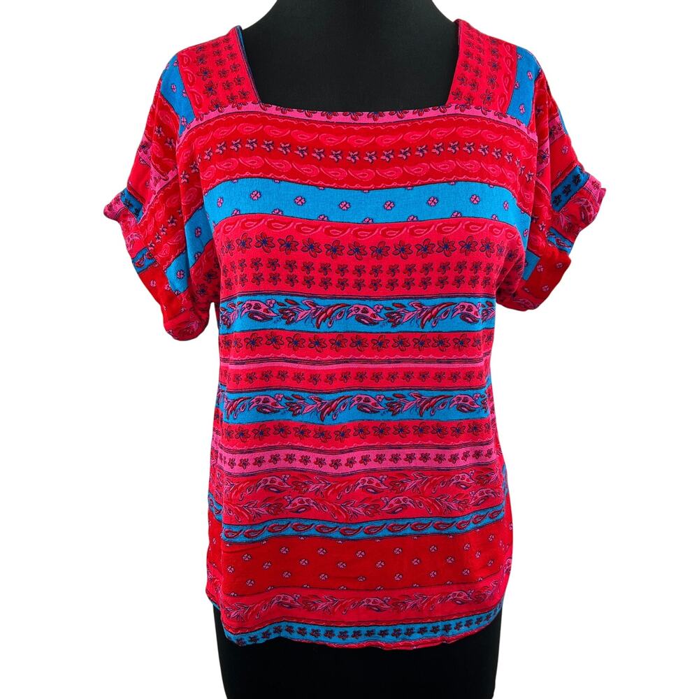 Finn & Grace Jersey Pink Red Blue Boho Patchwork Printed Short Sleeve Blouse 8